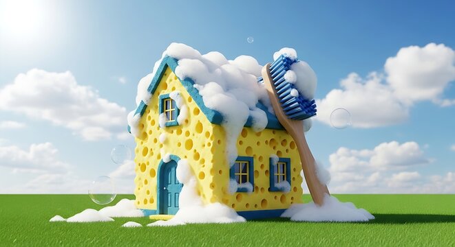Cartoon house, textured like a sponge, being scrubbed clean with a large brush