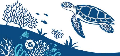 Blue silhouette of a sea turtle swimming near coral reef with fish and ocean plants © sm.vector