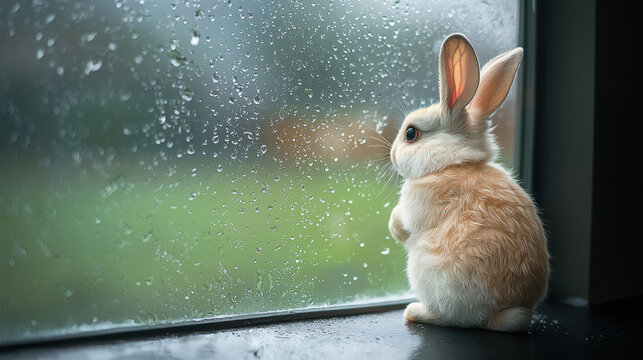 A small bunny with soft brown and white fur sits quietly on a ill watching raindrops streak down the glass on a cloudy and gloomy day outside.