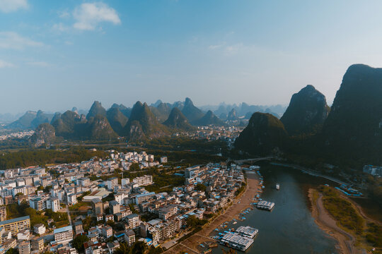 Yangshuo city surrounded by iconic Chinese mountains of Guilin 