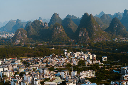 Yangshuo city surrounded by iconic Chinese mountains of Guilin 