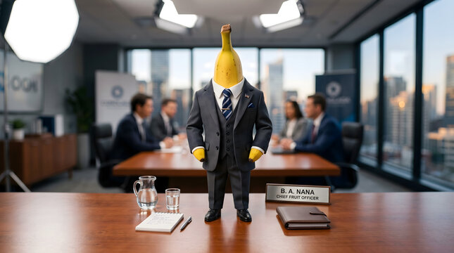 Banana Suit: Realistic banana wearing a tiny, perfectly tailored charcoal business suit, standing on a miniature boardroom table, studio softbox lighting, high-energy style.