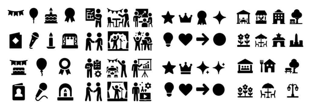 Event icons with cake balloon microphone solid