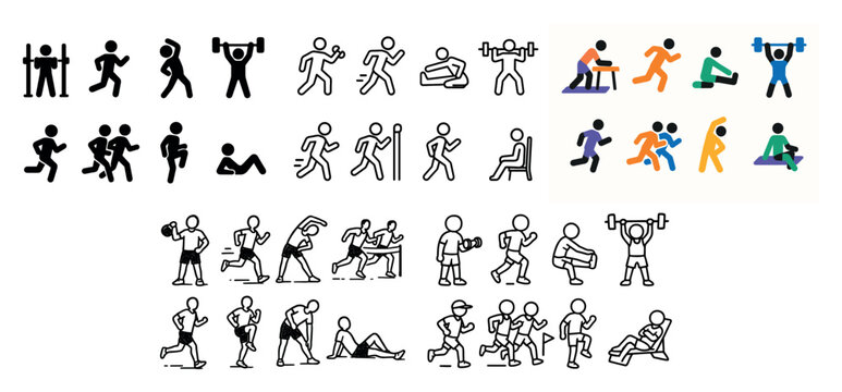 Fitness icons with runner weightlifter yoga colorful