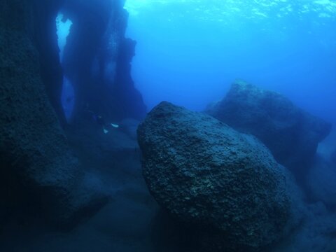 scubadivers are coming down from a slope underwater wall