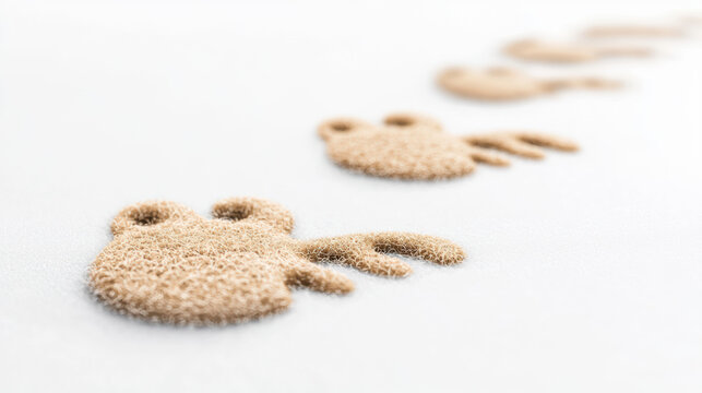 A line of whical frog shapes made of tan granular material creates a blurred path on a pristine white surface, suggesting a creative or abstract journey.