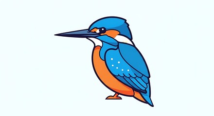 Obraz premium Cartoon kingfisher with bright blue & orange plumage on a light blue background