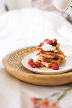 Breakfast Waffles on a wooden dish