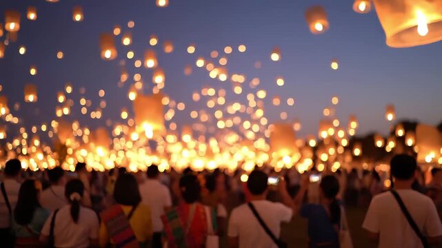 A large crowd of people releasing and watching hundreds of glowing sky lanterns ascend into the dark evening sky during a festival.