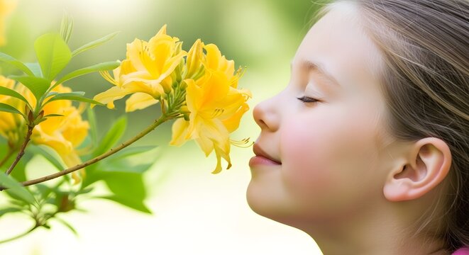 Young girl smelling vibrant yellow flowers on adobe stock photo