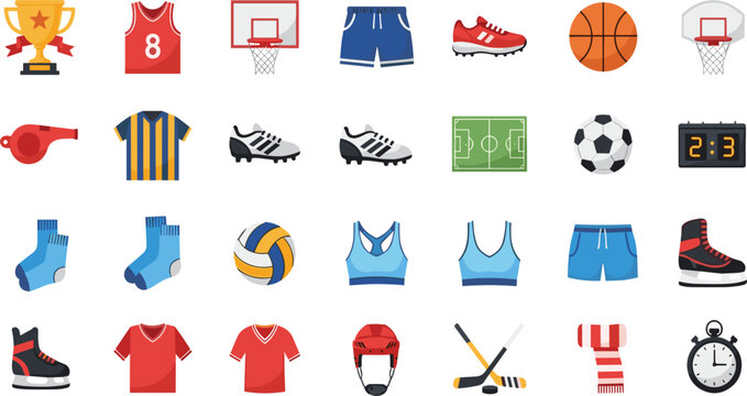 Sports equipment and apparel icons collection with basketball, soccer, hockey gear and fitness clothing, flat vector illustration set for game and athletic design