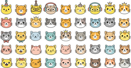 Fototapeta premium Cute cat faces collection with different expressions, accessories and colors, adorable kitten avatars vector illustration set for stickers, icons, and design