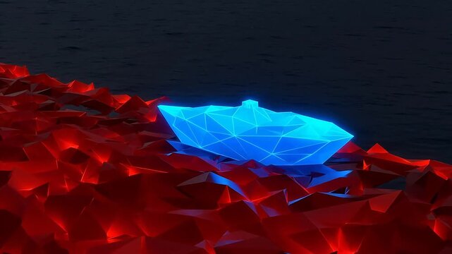 Blue glowing geometric shape on red surface emphasizing teamwork and professional collaboration
