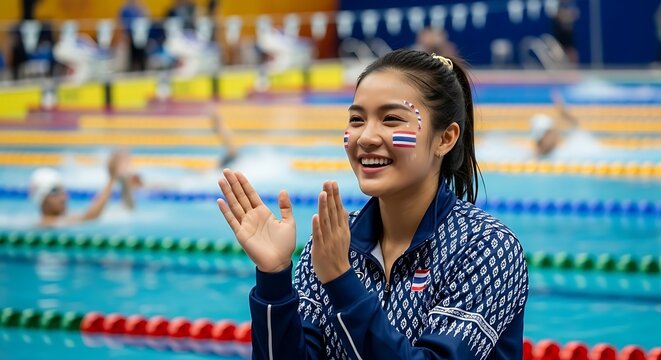 A young Asian woman in a blue swimming team jacket claps with a smile at an indoor pool event Diverse young Asian fans cheering at international multi sports competition.
