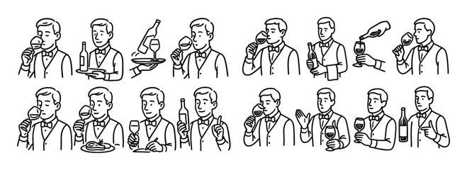Fototapeta premium Wine tasting icons with bottle glass waiter outline