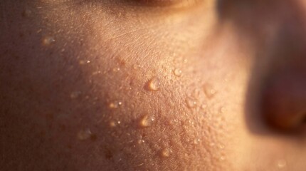 Fototapeta premium Close-up of human skin with sweat drops in warm sunset light