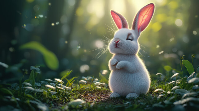 A peaceful white rabbit with pink ears sits serenely in a sun-dd forest, its eyes closed in blissful relaxation amidst lush greenery and bokeh lights.