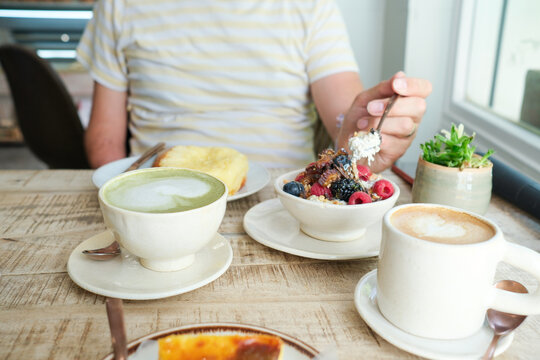 Breakfast Table With Matcha and Fruit Bowl