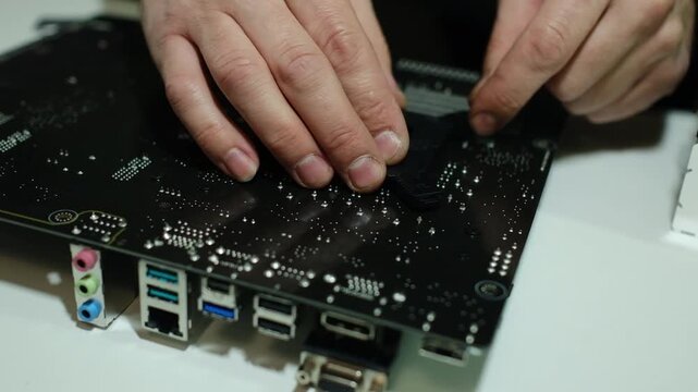 Hands carefully install a component onto a black computer motherboard. Close-up, detailed assembly.