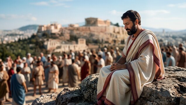 아레오파고스 바위 위에서 연설을 깊이 성찰하는 아테네 시민.
