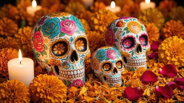 Festive Sugar Skull Display Surrounded by Marigolds