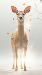Fototapeta premium Soft light glows around a young deer. Leaves drift gently in the air around it. It stands still, gazing calmly forward. Its ears are perked, attentive to surroundings. The background is bright