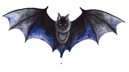 Fototapeta premium Dark bat with spread wings glides against white background. Wings glow with deep blue and purple hues. Fur is black with subtle gray tones. Eyes are sharp and alert. Tiny droplet hangs below its chin