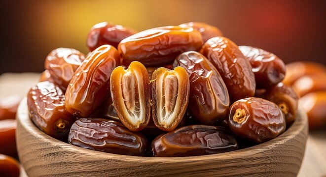 Dried brown date fruits piled inside wooden bowl, sweet organic snacks, healthy pitted.