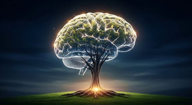 Glowing brain shaped tree growing from grassy hill, biological foliage canopy, neural.