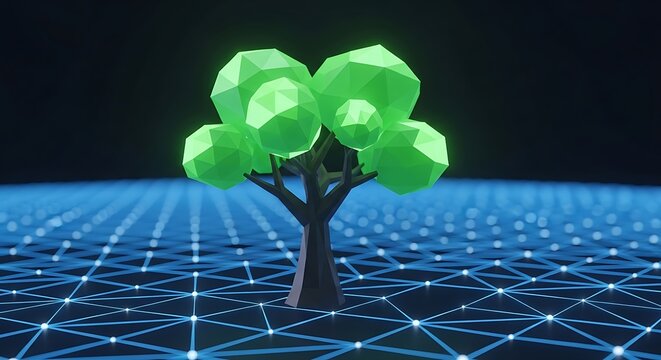 Low poly glowing tree standing upon a digital mesh ground, geometric foliage, connected.