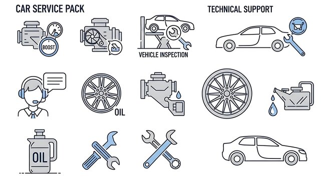 Car service pack and technical support icons for automotive maintenance