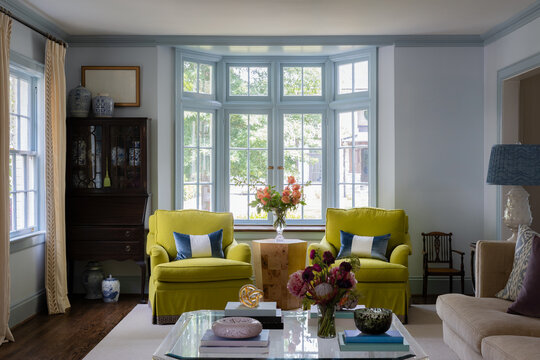 Blue Sitting Room with Chartreuse Chairs