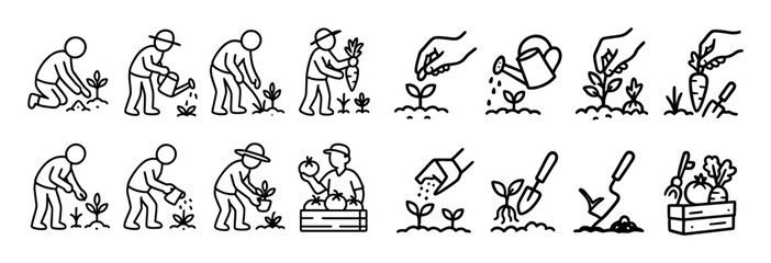 Obraz premium Gardening icons with plant shovel wateringcan minimal