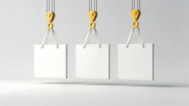 Three Blank Signs Suspended by Cranes