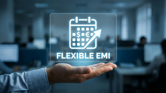 Hand holding holographic flexible emi payment icon with calendar and currency symbols in a modern office