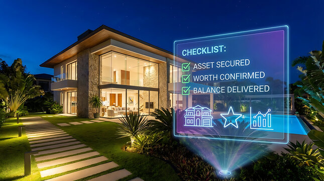 Luxury villa with glowing checklist on transparent screen at night symbolizing secured asset and worth confirmed