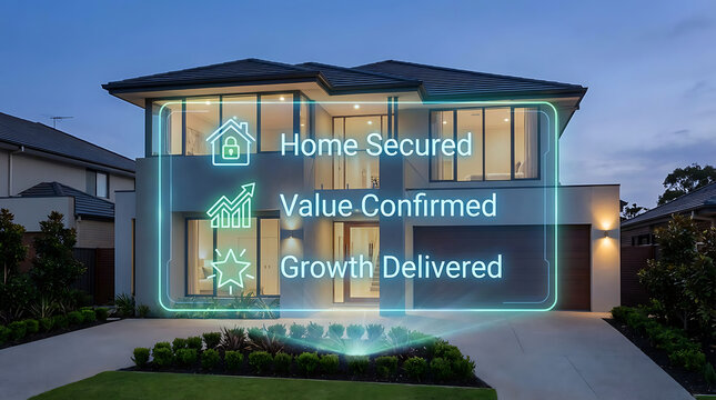 Modern house with glowing smart home security system interface overlay at dusk showcasing home secured value confirmed and growth delivered