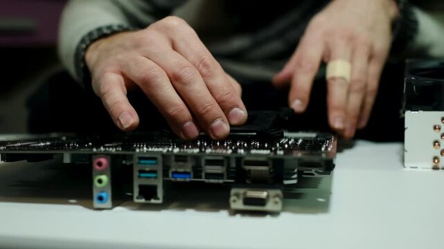 Hands carefully install a component onto a black computer motherboard. Close-up, detailed assembly.