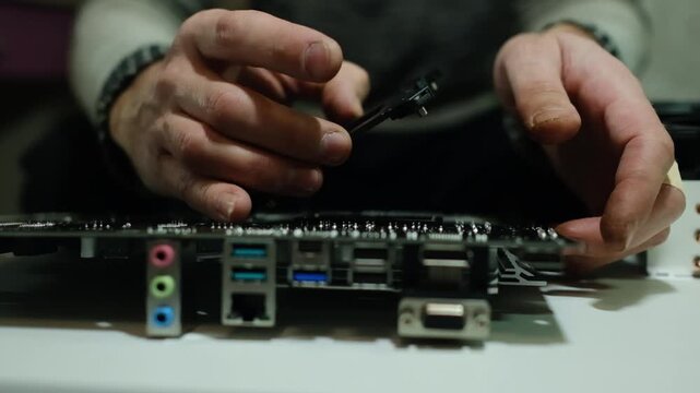 Hands carefully install a component onto a black computer motherboard. Close-up, detailed assembly.