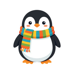 Obraz premium A cute cartoon penguin wearing a colorful striped scarf outdoors