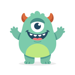 Fototapeta premium A cheerful green monster with one eye and horns waves happily outdoors