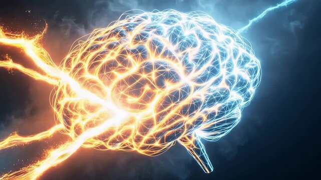 Neural network brain with electric sparks symbolizing creativity, art, and imagination