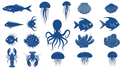 Ocean creatures icons, sea animal silhouettes, blue marine life illustrations, vector set © Umar Arts