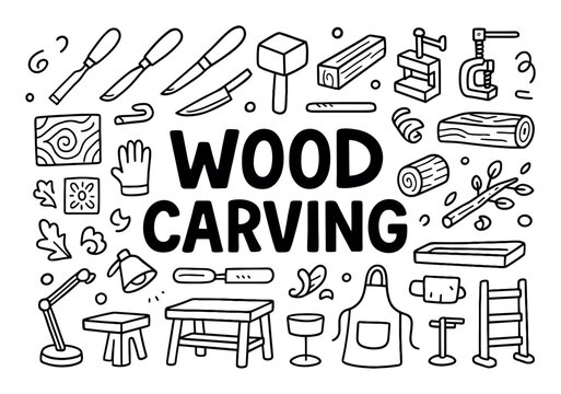 Wood carving icons with chisel mallet log outline