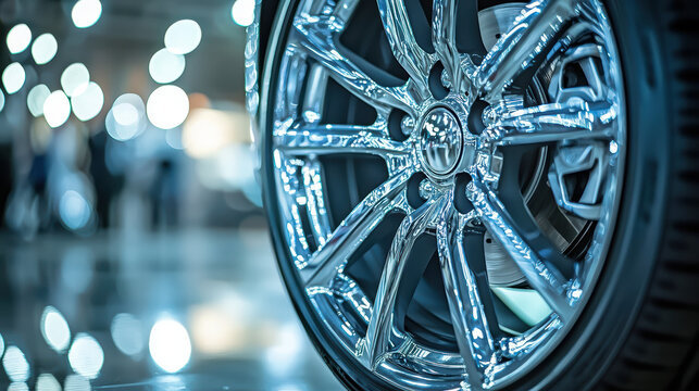 The chrome wheel of a modern vehicle shines brilliantly in a showroom, showcasing its intricate design and reflecting the ambient light of the surrounding space.