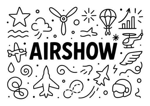 Airshow icons with jet plane parachute outline style
