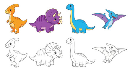 Dinosaur icons, colorful cartoon dinosaurs, 7 prehistoric animal illustrations, vector set © Umar Arts
