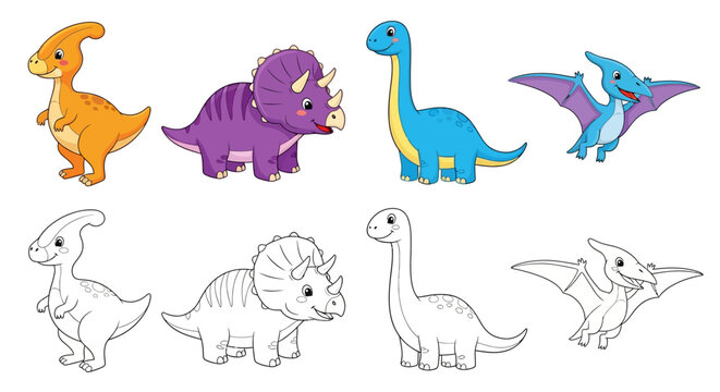 Dinosaur icons, colorful cartoon dinosaurs, 7 prehistoric animal illustrations, vector set