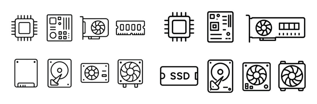 Hardware icons with chip board ssd minimal outline