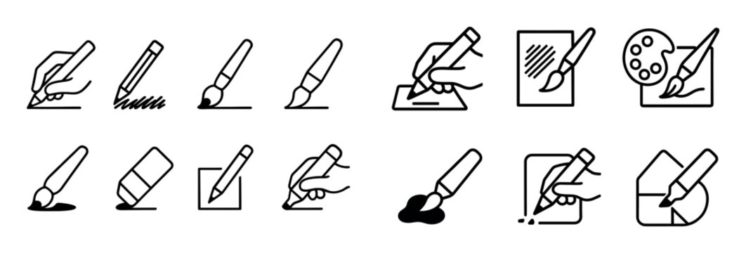 Drawing tools icons with brush pencil hand outline